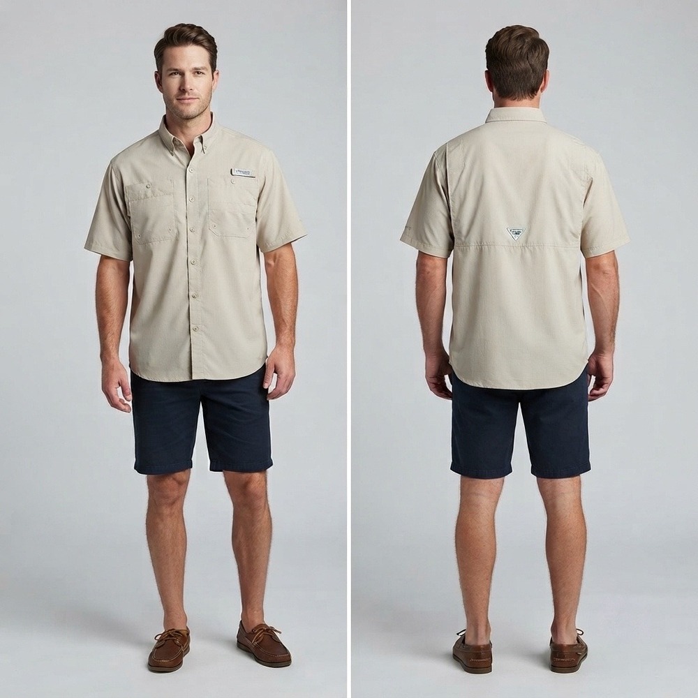 Columbia PFG Tamiami II Mens Small Tan Short Sleeve Outdoor Fishing Shirt UPF 40